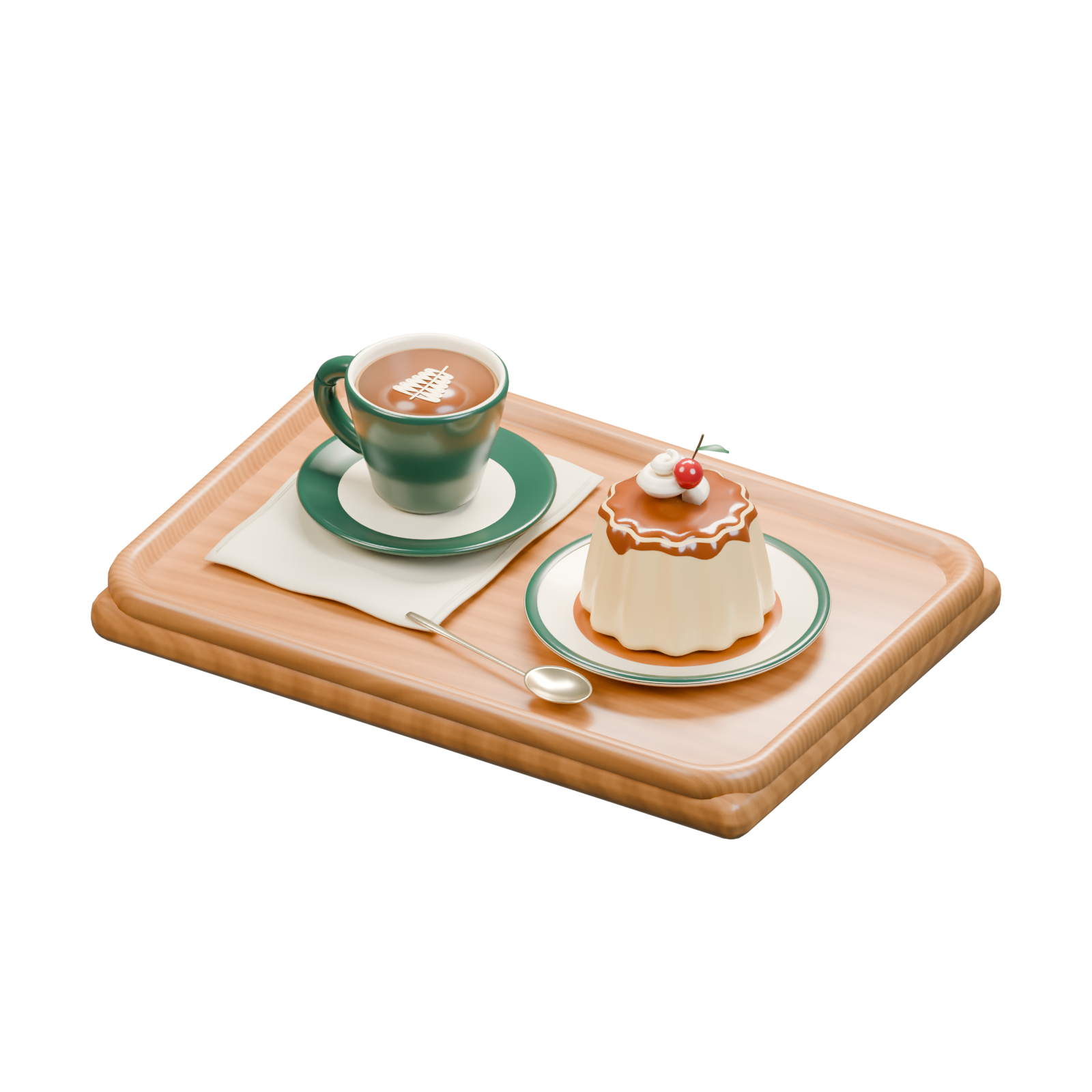 木のトレーに並んだ深緑のコーヒーカップと、カラメルプリン