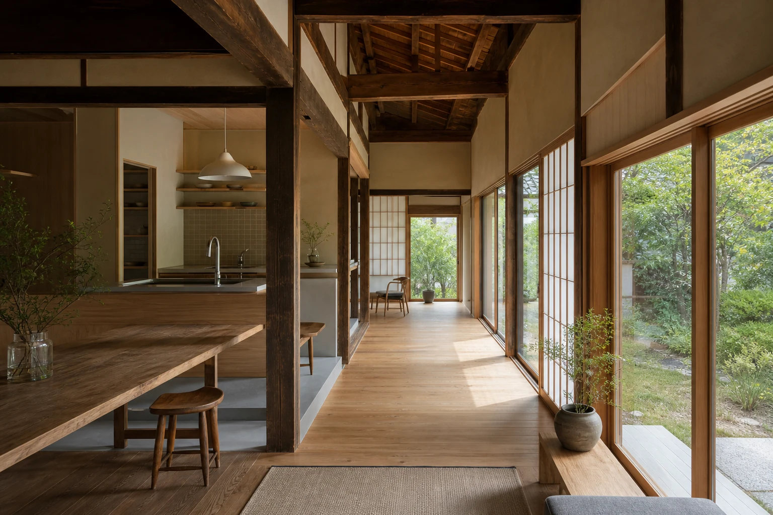 木の建具と明るい縁側がある改修後の室内