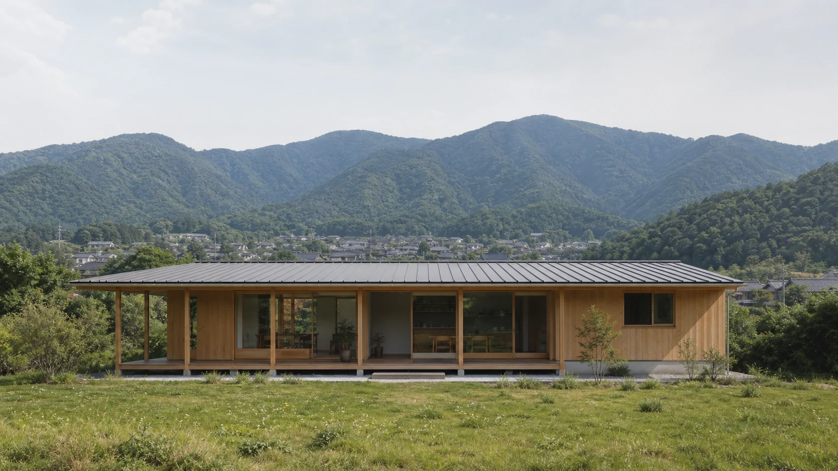 山並みを背景に建つ木造の平屋
